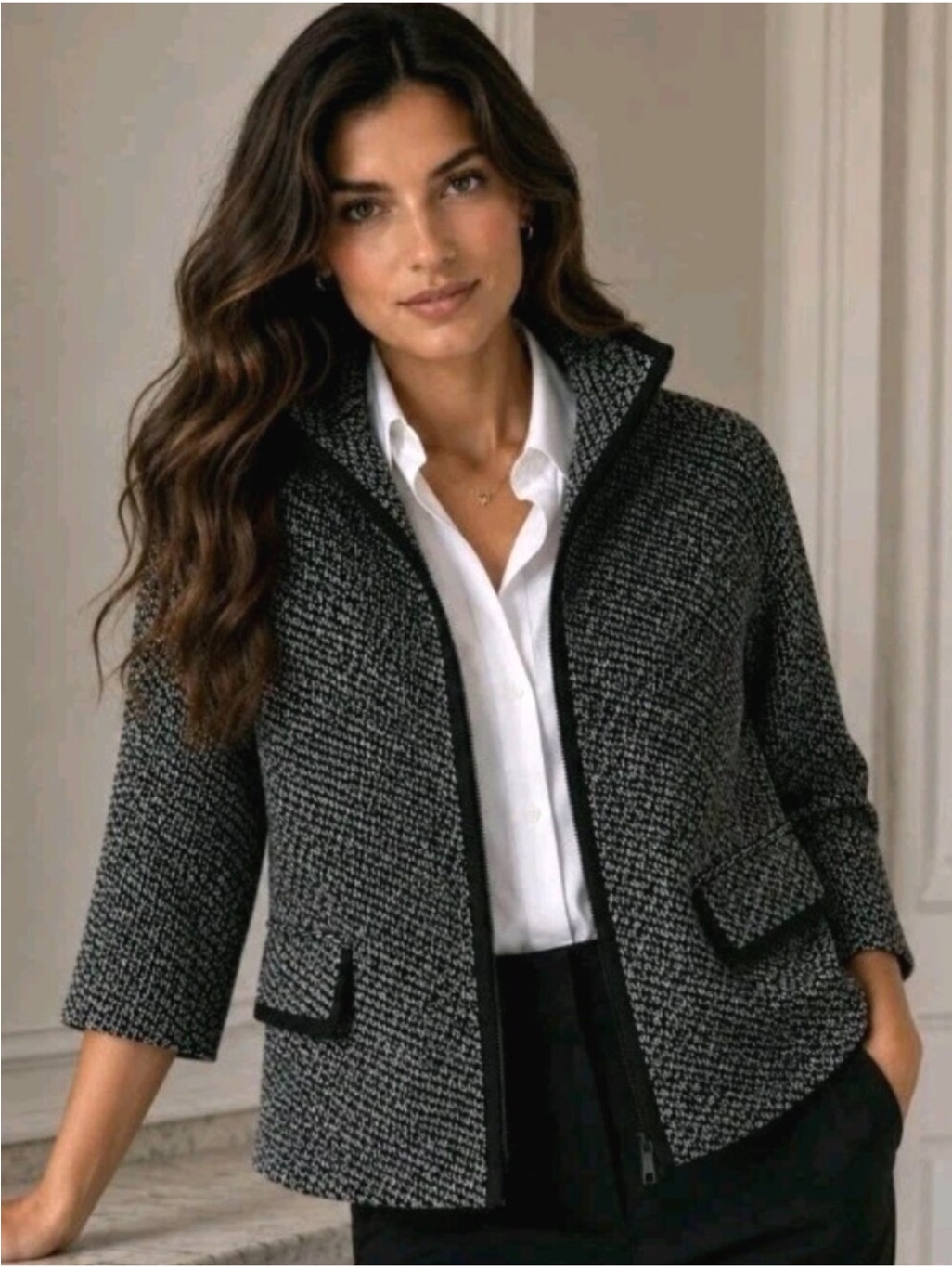 Lafayette 148 Wool Tweed Blazer Black And Grey Snap Front Designer Jacket Size 4